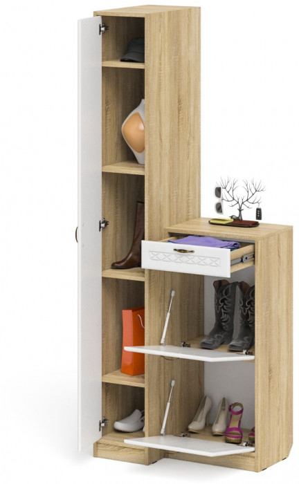 Прихожая П-6 Компоновка № 42, цвет дуб сонома/фасады МДФ белое дерево фрезеровка ромб, ШхГхВ 80х50х210 см., универсальная сборка