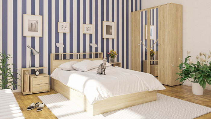 Камелия Кровать 1400 + две тумбы, цвет дуб сонома, ШхГхВ 256х217х78,2 см., сп.м. 1400х2000 мм., без матраса, основание есть