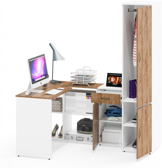 Лидер-8 Стол + Тумба МД 3.15 + Пенал МД 23Б, белый шагрень/крафт золото