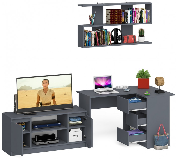 Мори компьютерный стол МС-16 правый + Тумба МТВ1200.1 + Полка 1200, графит