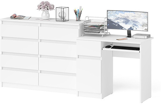 Мори Стол компьютерный МС-1 левый + Комод МК1200.8, цвет белый, ШхГхВ 210,4х50х94 см., выдвижной ящик слева, НЕ универсальная сборка