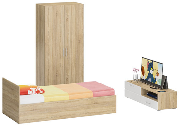 Спальня Стандарт 3-0900, дуб сонома/фасады ТВ тумбы МДФ белый глянец