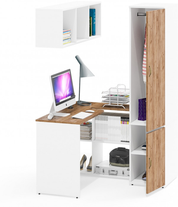 Лидер-8 Стол + Полка + Пенал МД 23Б, белый шагрень/крафт золото