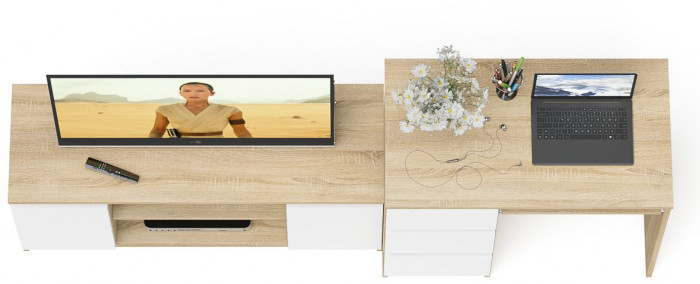 Мори компьютерный стол МС-6 левый + Тумба МТВ1200.1, дуб сонома/белый