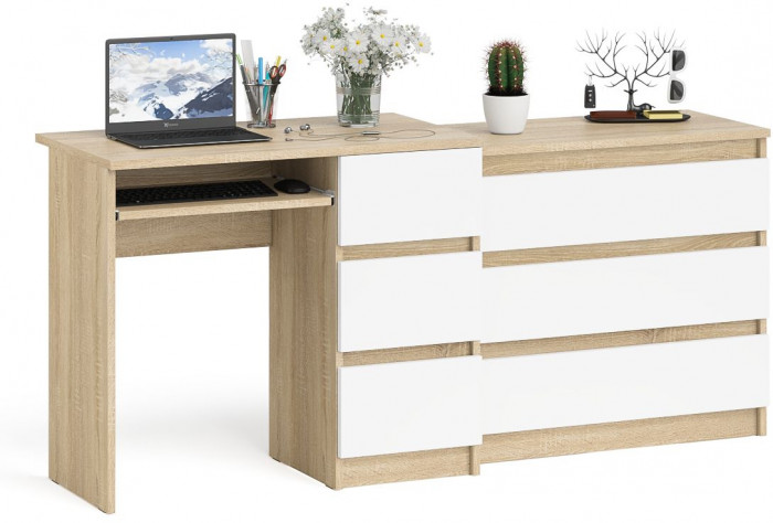 Мори компьютерный стол МС-6 правый + Комод МК800.1, дуб сонома/белый