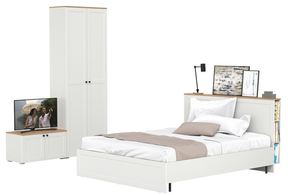 Остин 11.53 Кровать + ортопед + 16.307 Шкаф + 13.257 Тумба, белый шагрень/дуб крафт золотой