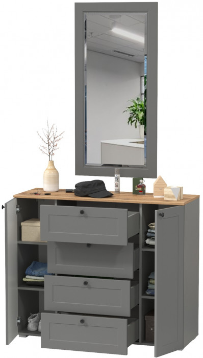 Остин 16.221 Комод + 17.03 Зеркало, серый графит/дуб крафт золотой