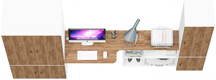 Лидер-8 Шкаф МД 19Б + Стол + Пенал 22Б, цвет белый шагрень/крафт золото, ШхГхВ 285х50/37,5х75/190 или 195х120х75/190 см., НЕ ун.сб.