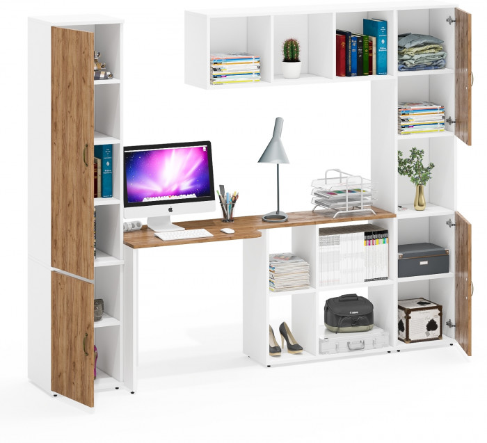 Лидер-8 Пенал МД 22Б + Стол + Полка + Пенал, белый шагрень/крафт золото