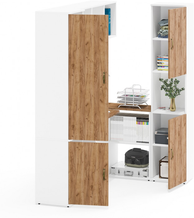 Лидер-8 Пенал МД 22Б + Стол + Полка + Пенал, белый шагрень/крафт золото