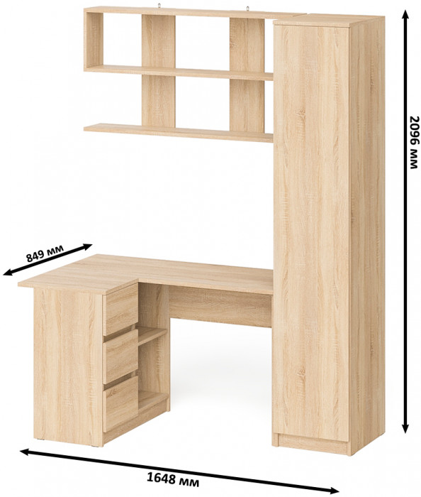Мори компьютерный стол МС-16 левый + Пенал МШ400.1 + Полка 1200, дуб сонома