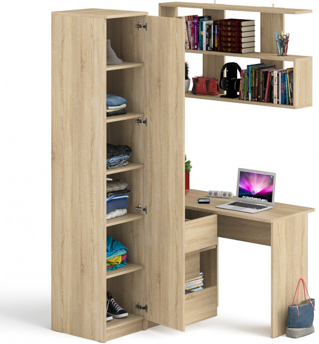 Мори компьютерный стол МС-16 левый + Пенал МШ400.1 + Полка 1200, дуб сонома