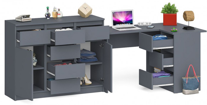 Мори компьютерный стол МС-16 правый + Комод МК1200.4, графит