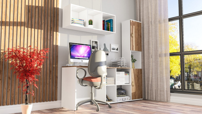 Лидер-8 Стол + Полка + Пенал, белый шагрень/крафт золото