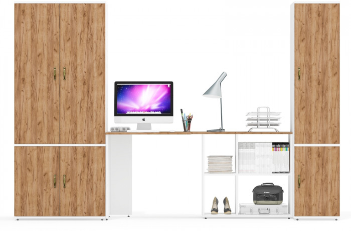 Лидер-8 Шкаф МД 19Б + Стол + Пенал 23Б, цвет белый шагрень/крафт золото, ШхГхВ 285х50/37,5х75/190 или 195х120х75/190 см., НЕ ун.сб.