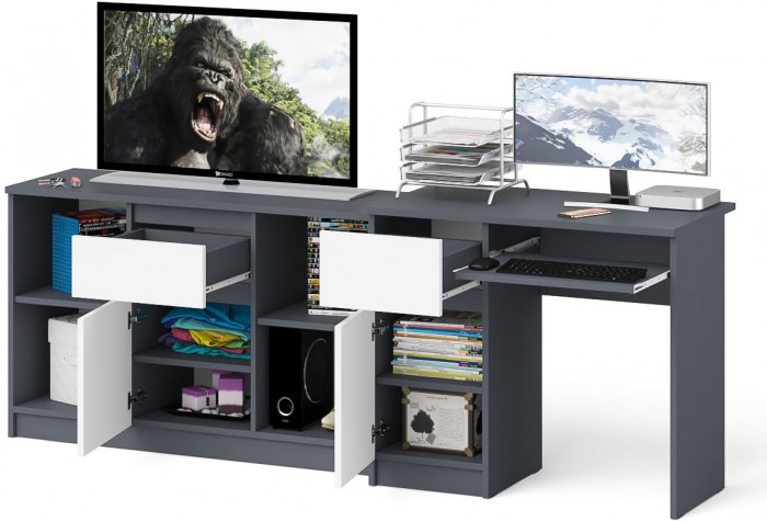 Мори Стол компьютерный МС-1 левый + Тумба МТВ1204.1, цвет графит/белый, ШхГхВ 210,4х50х76,6 см., выдвижной ящик слева, НЕ универсальная сборка