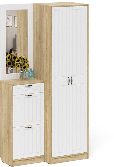 Прихожая П-6 Компоновка № 17, дуб сонома/фасады МДФ белое дерево фрезеровка прованс