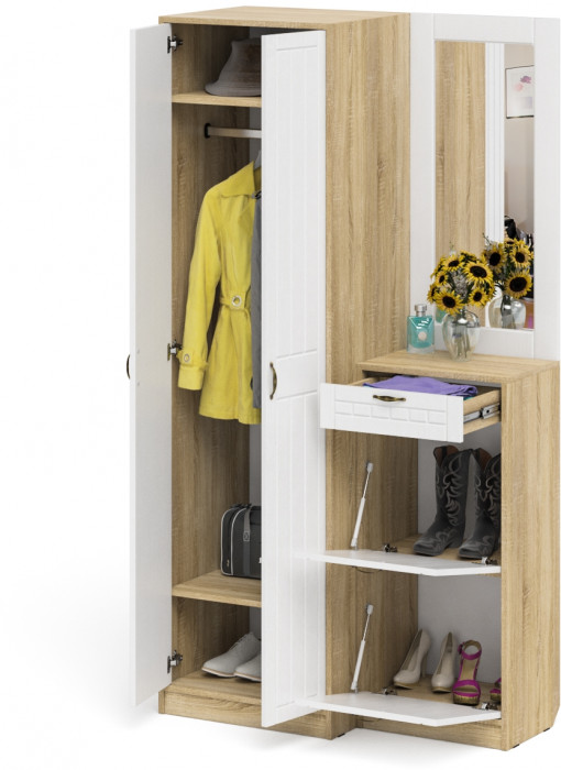 Прихожая П-6 Компоновка № 17, дуб сонома/фасады МДФ белое дерево фрезеровка прованс