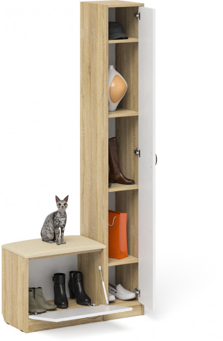 Прихожая П-6 Компоновка № 19, цвет дуб сонома/фасады МДФ белое дерево фрезеровка прованс, ШхГхВ 90х35х210 см., универсальная сборка