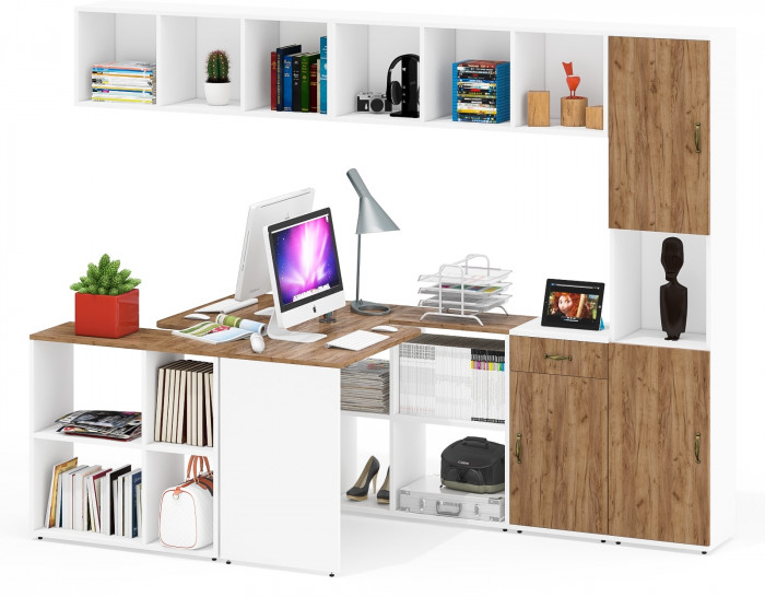 Лидер-8 Стол + Полка + Стол + Полка + Пенал + Тумба МД 3.15, белый шагрень/крафт золото