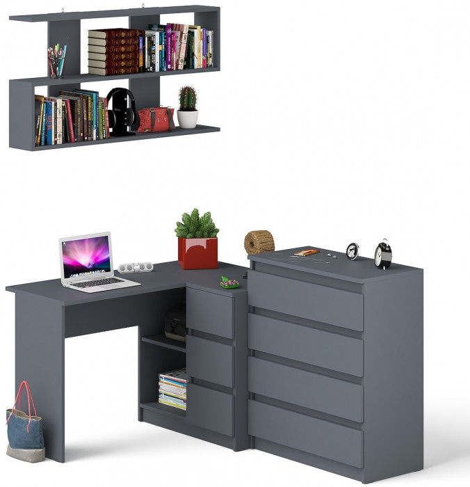 Мори компьютерный стол МС-16 правый + Комод МК800.4 + Полка 1200, графит