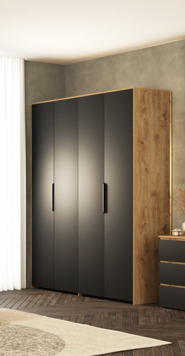 Шкаф для одежды 4-х дверный "Ривьера" - Дуб наварра/Шагрень черная