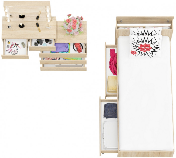 Ксения Кровать с ящиками 0900 + Стол косметический с подсветкой 110, дуб сонома