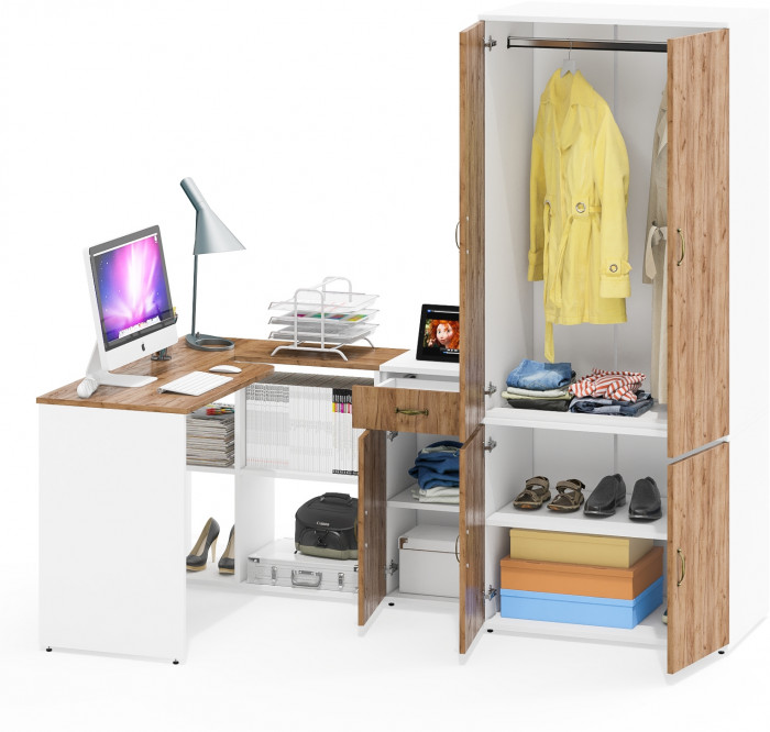 Лидер-8 Стол + Тумба МД 3.15 + Шкаф МД 19Б, белый шагрень/крафт золото