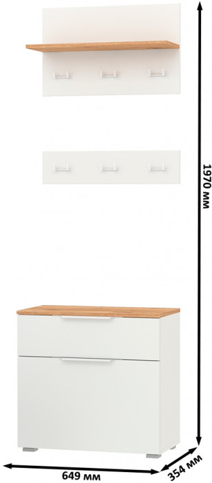 Октава 16.127 Тумба для обуви + 15.14.01 Вешалка + 15.14.02, цвет белый шагрень/дуб крафт золотой/фасады МДФ белый шагрень, ШхГхВ 64,9х35,4х197 см.