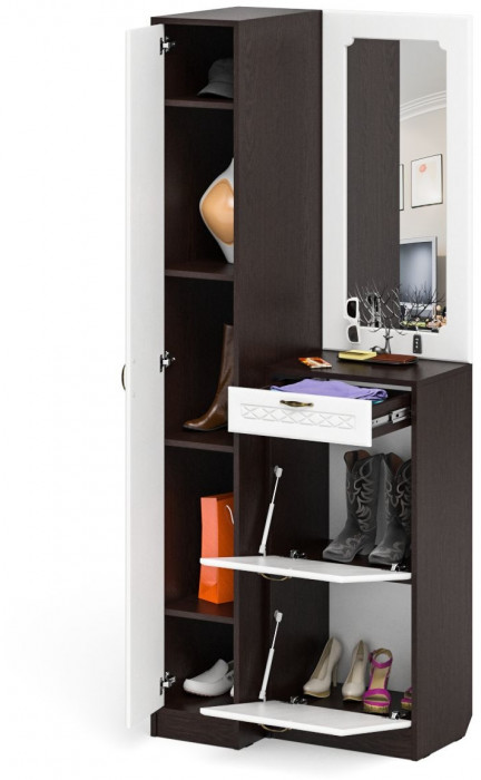 Прихожая П-6 Компоновка № 43, цвет венге/фасады МДФ белое дерево фрезеровка ромб, ШхГхВ 80х50х210 см., универсальная сборка