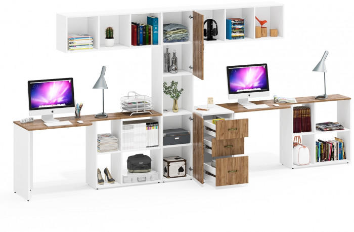 Лидер-8 Стол + Полка + Стол + Полка + Пенал + Тумба МД 3.16, белый шагрень/крафт золото