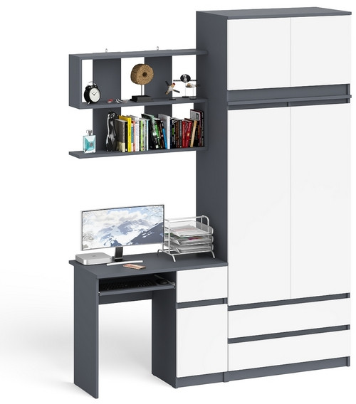 Мори компьютерный стол МС-1 правый + Шкаф МШ900.1 + Антресоль МА900.1 + Полка 900, графит/белый