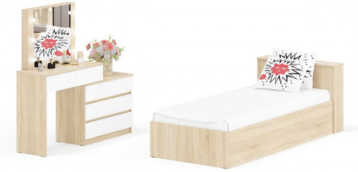 Ксения Кровать с ящиками 0900 + Стол косметический с подсветкой 110, дуб сонома/белый