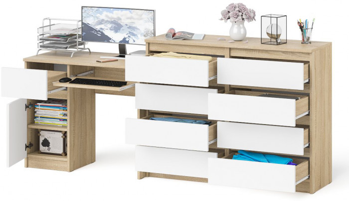 Мори Стол компьютерный МС-1 левый + Комод МК1200.8, цвет дуб сонома/белый, ШхГхВ 210,4х50х94 см., выдвижной ящик слева, НЕ универсальная сборка