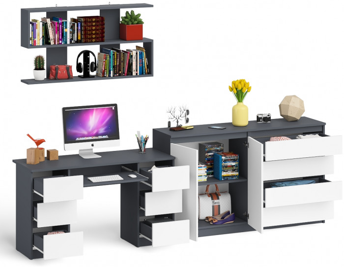 Мори компьютерный стол МС-2 + Комод МК1600.1 + Полка 1200, графит/белый