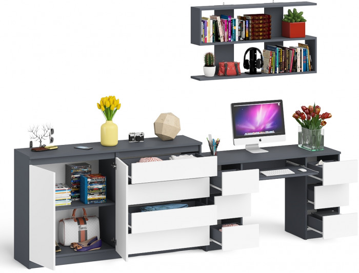 Мори компьютерный стол МС-2 + Комод МК1600.1 + Полка 1200, графит/белый