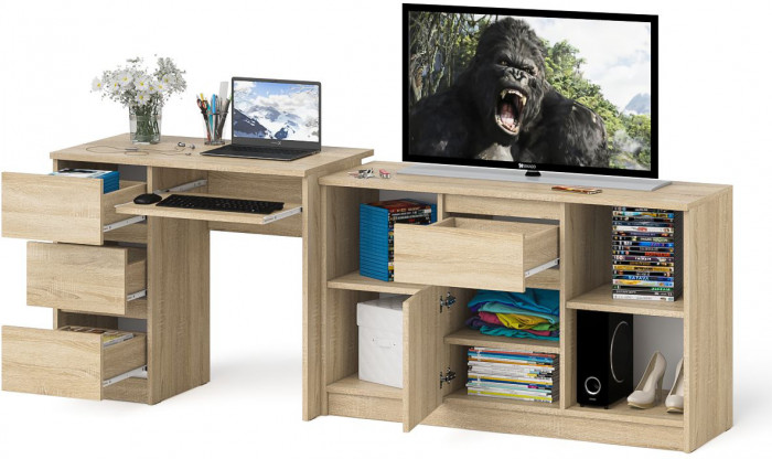 Мори компьютерный стол МС-6 левый + Тумба МТВ1204.1, дуб сонома