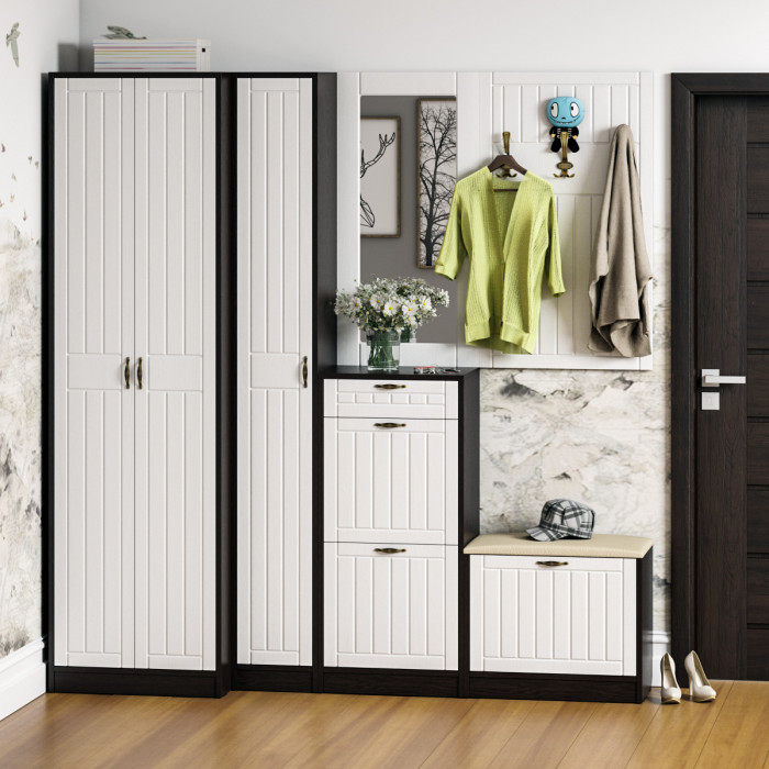 Прихожая П-6 Тумба для обуви 2 секции, цвет венге/фасады МДФ белое дерево фрезеровка прованс, ШхГхВ 50х35х108,3 см.