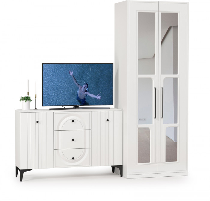 Валенсия Спальня 13.309 Комод + 13.329 Шкаф для одежды, ЛДСП белый шагрень/МДФ белый шагрень