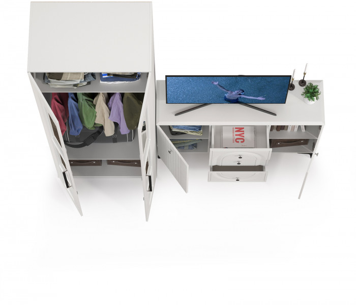 Валенсия Спальня 13.309 Комод + 13.329 Шкаф для одежды, ЛДСП белый шагрень/МДФ белый шагрень