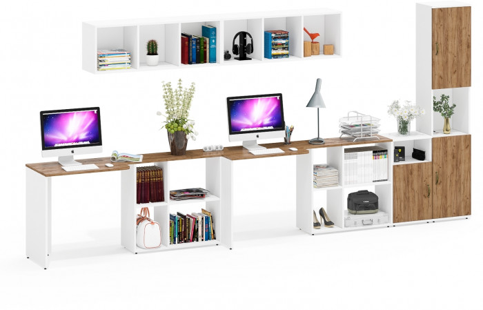 Лидер-8 Стол + Полка + Стол + Полка + Пенал + Тумба МД 3.19, белый шагрень/крафт золото