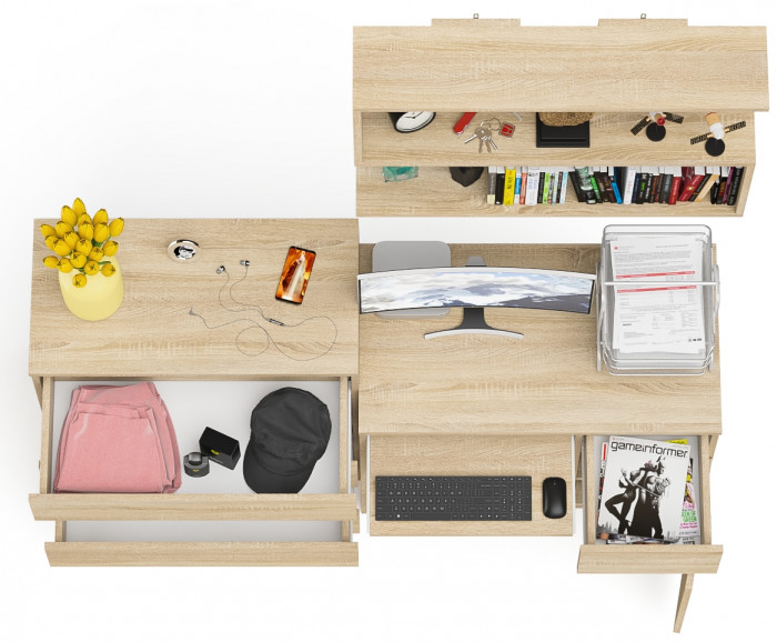 Мори компьютерный стол МС-1 правый + Комод МК800.4 + Полка 900, дуб сонома