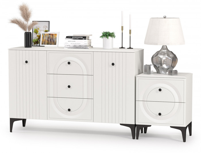 Валенсия Спальня 13.309 Комод + 13.291 Тумба прикроватная, ЛДСП белый шагрень/МДФ белый шагрень