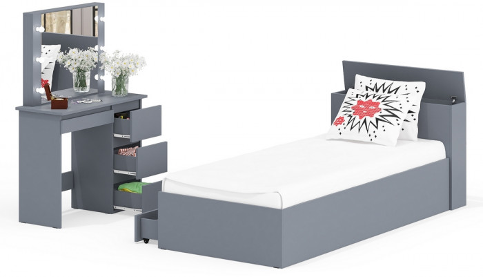 Ксения Кровать с ящиками 0900 + Стол косметический с подсветкой Сура, графит