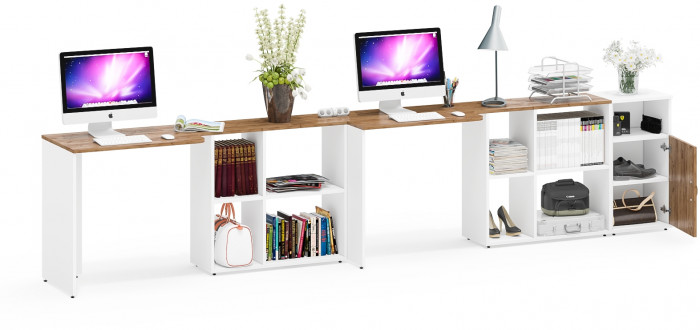 Лидер-8 Стол + Стол + Тумба МД 3.19, цвет белый шагрень/крафт золото, ШхГхВ 370х50/30х75 см. или 230х50/120х75 см., НЕ универсальная сборка