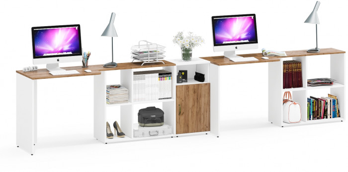 Лидер-8 Стол + Стол + Тумба МД 3.19, цвет белый шагрень/крафт золото, ШхГхВ 370х50/30х75 см. или 230х50/120х75 см., НЕ универсальная сборка