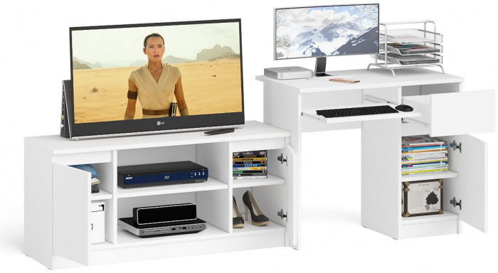 Мори Стол компьютерный МС-1 правый + Тумба МТВ1200.1, цвет белый, ШхГхВ 210,4х50х76,6 см., выдвижной ящик справа, НЕ универсальная сборка