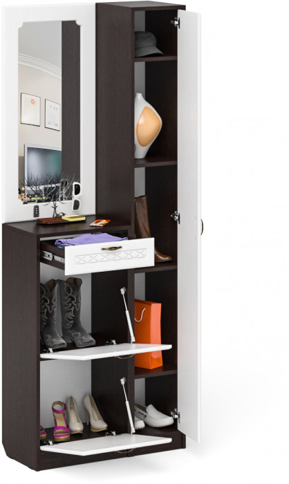 Прихожая П-6 Компоновка № 23, цвет венге/фасады МДФ белое дерево фрезеровка ромб, ШхГхВ 80х35х210 см., универсальная сборка