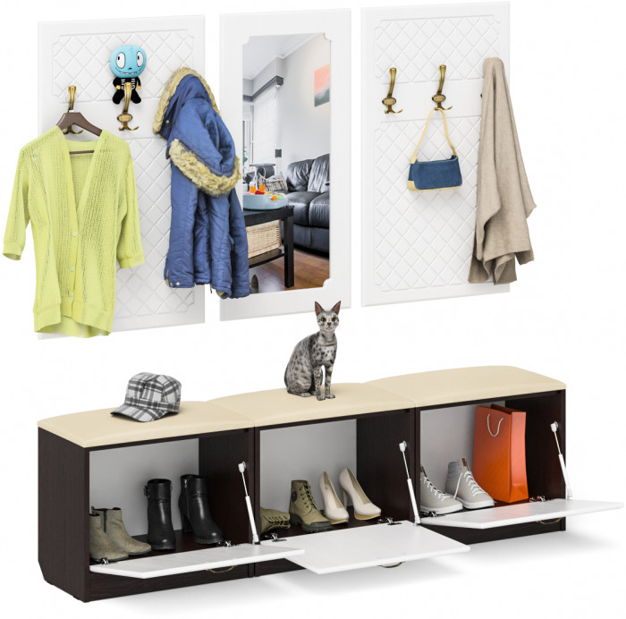 Прихожая П-6 Компоновка № 03, цвет венге/фасады МДФ белое дерево фрезеровка ромб, ШхГхВ 180х35х200 см., универсальная сборка