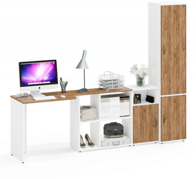 Лидер-8 Стол + Тумба МД 3.19 + Пенал МД 22Б, белый шагрень/крафт золото